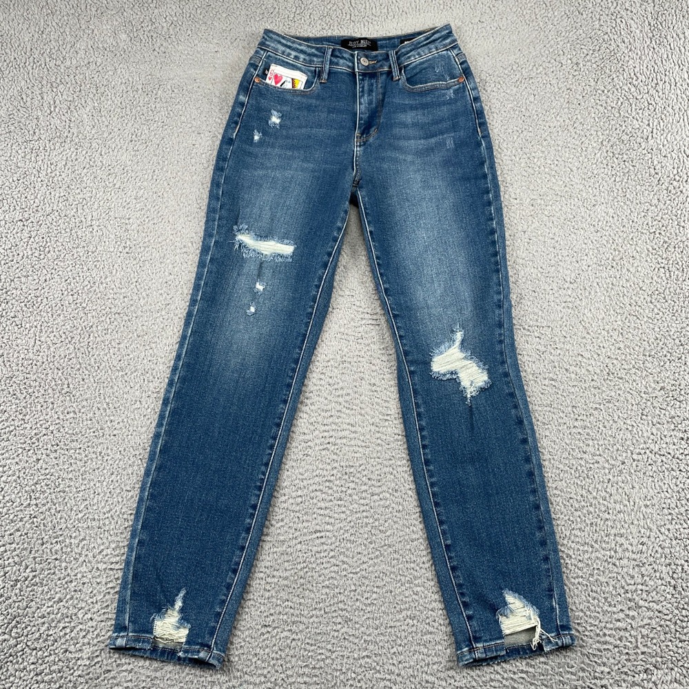 Judy Blue Jeans Womens 3/26 Blue Boyfriend Fit Distressed Heart Queen of Hearts